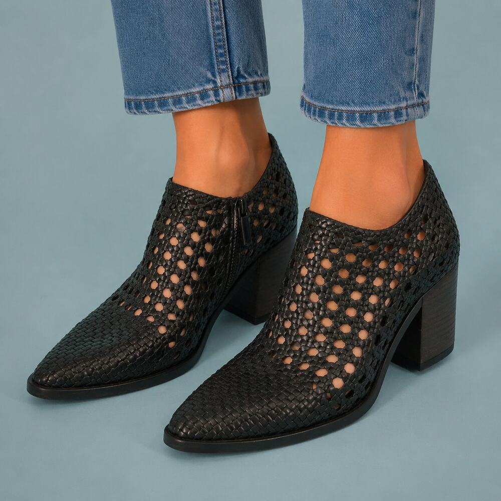 Freda Salvador Size 11 Black Woven Leather Perforated Side Zip Block Heel Bootie